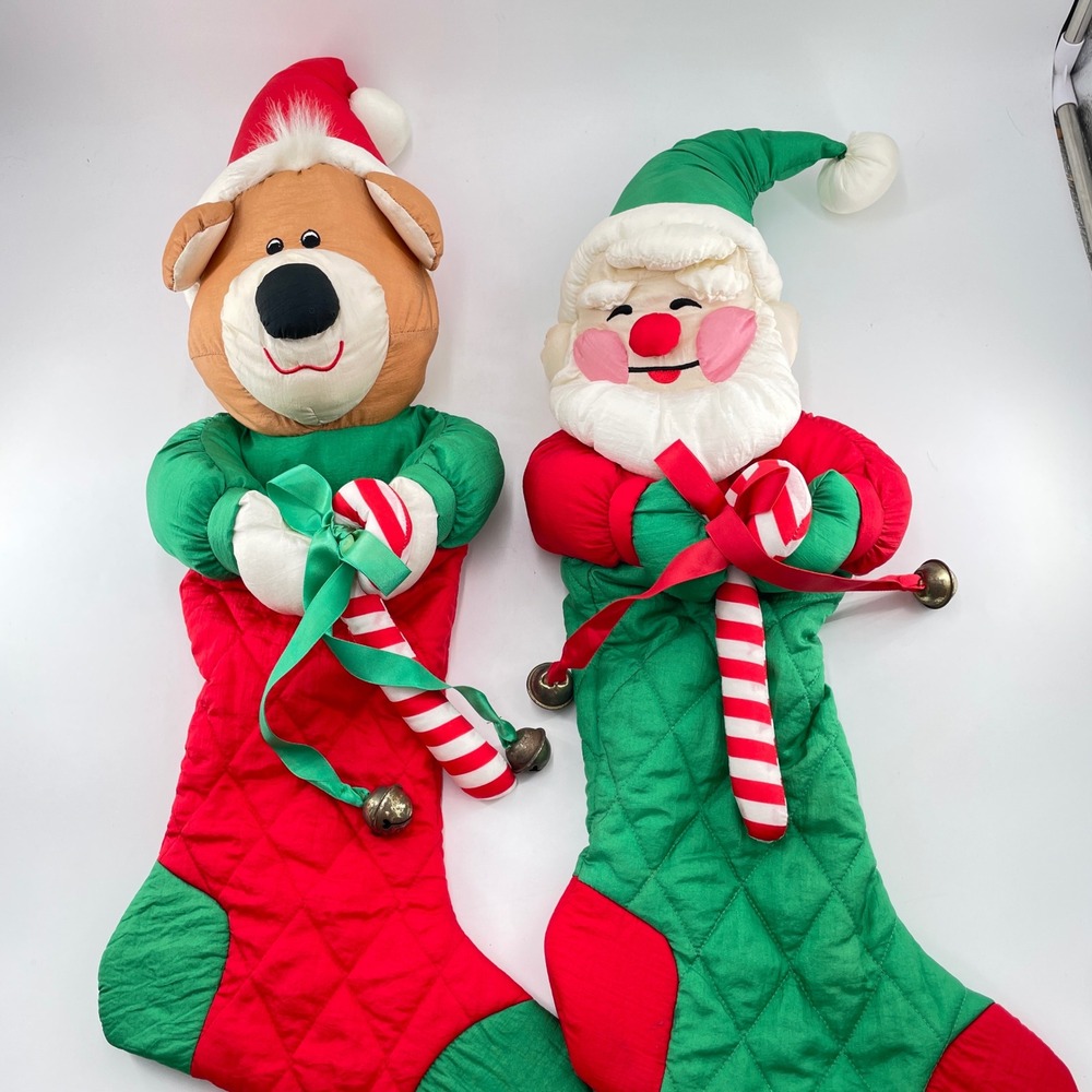 3D Nylon Christmas Stockings Set Santa Claus Teddy Bear Quilted Parachute Fabric